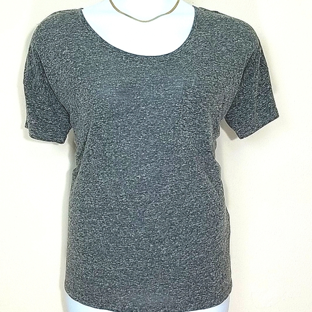 Linen Blend T-shirt short sleeve crew neck boyfriend front pocket Gray Relaxed - Picture 1 of 6
